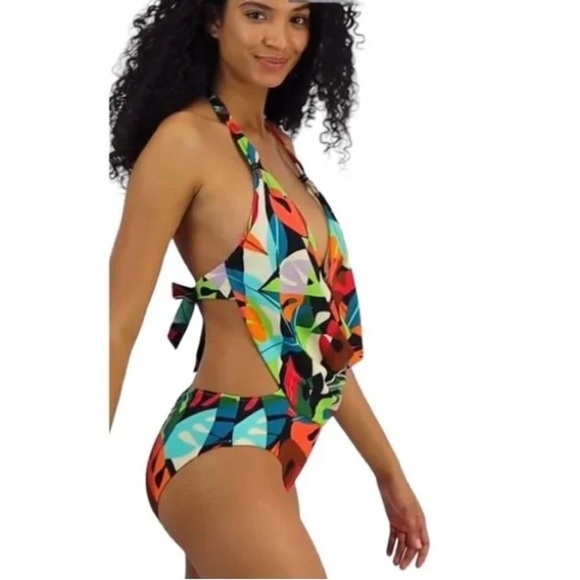 Bar III One Piece Swimsuit Green/Pink Printed Plunge Neck Halter Draped | NEW!🩵 - Picture 5 of 11